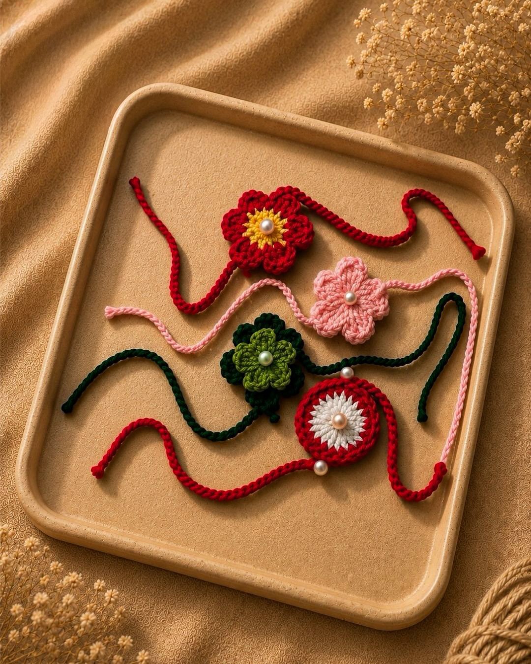 Close-up of crochet rakhis on a tray