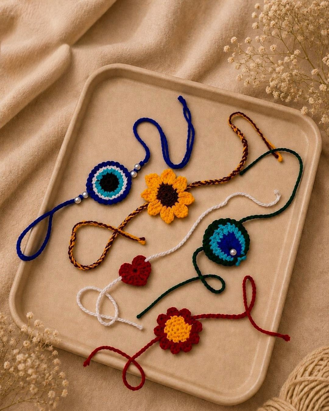 A tray of handmade crochet rakhis